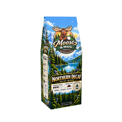 A 12 oz bag of Moose & Mug Coffee Co. Northern Decaf Decaf Blend coffee.
