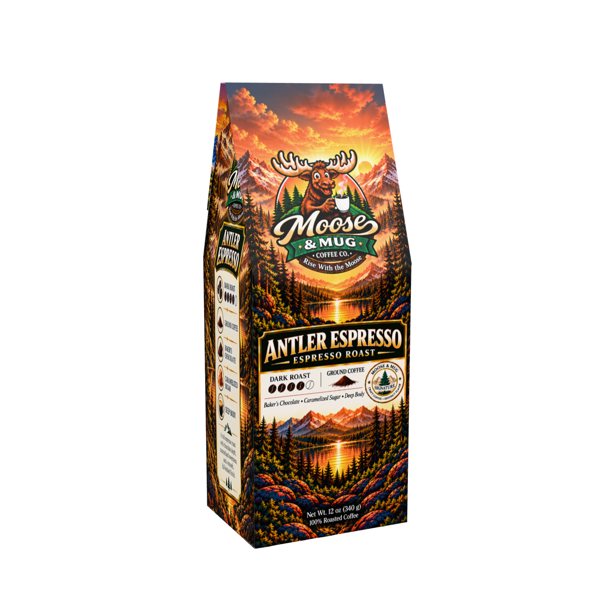 A bag of Moose & Mug Coffee Antler Espresso Roast, featuring a colorful forest and mountain landscape illustration with a moose logo on a white background.