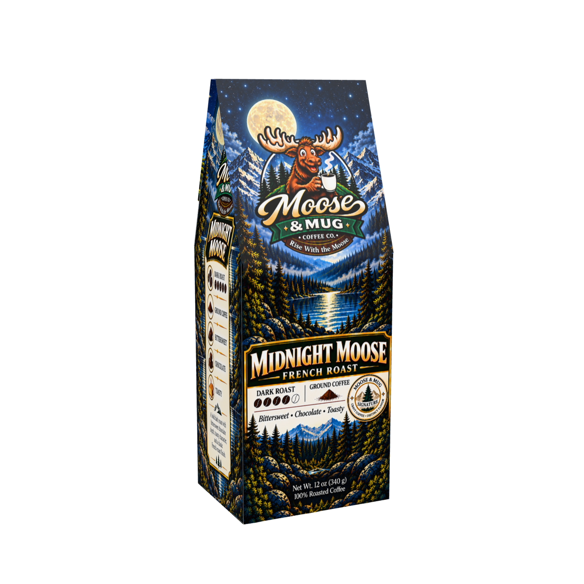 A bag of Moose & Mug Coffee Co. Midnight Moose French Roast coffee, featuring a dark blue and black illustrated design with a moose, mountain lake, and full moon on the front, and a white background.