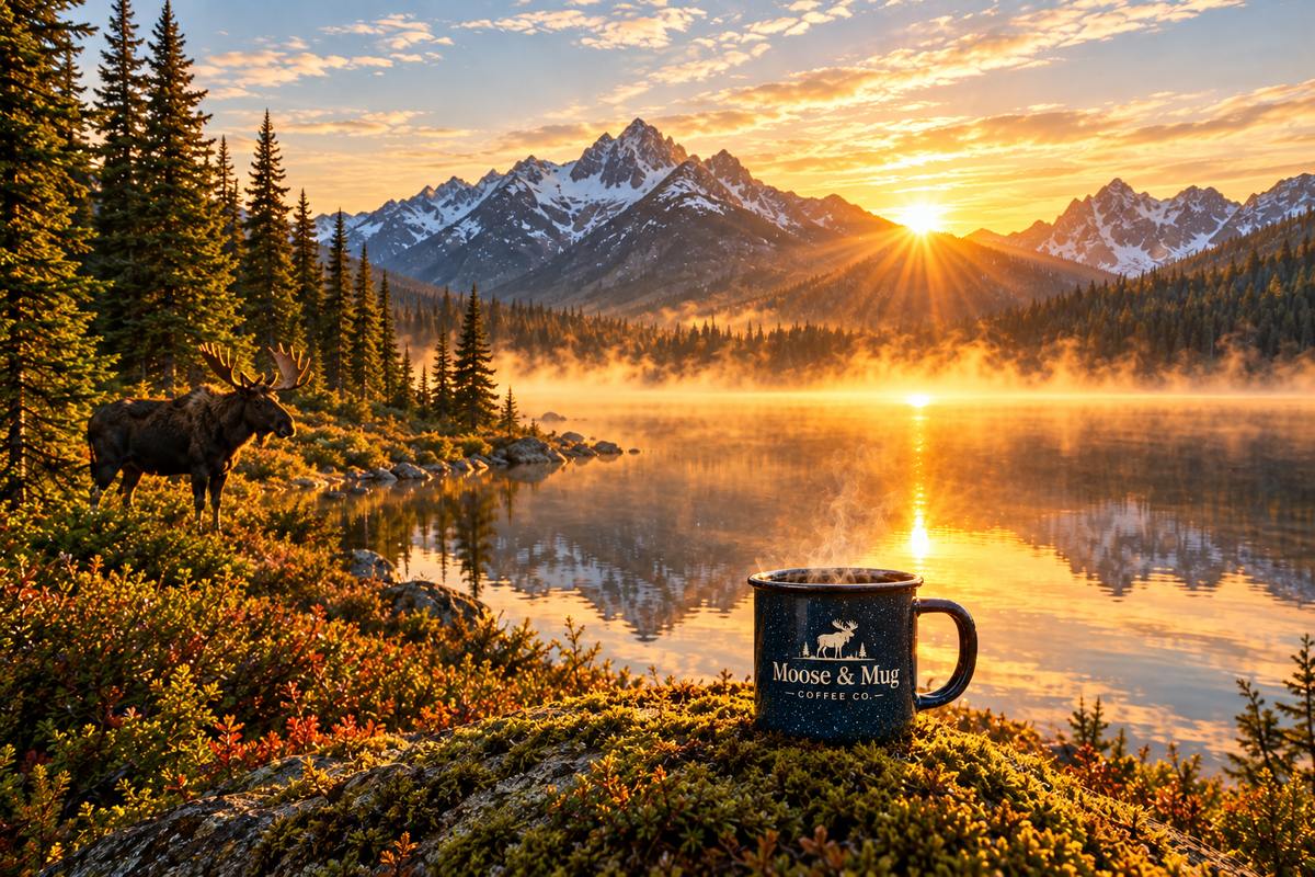 Moose & Mug Coffee Co. enamel coffee mug beside a mountain lake with a moose, pine forest, and sunrise