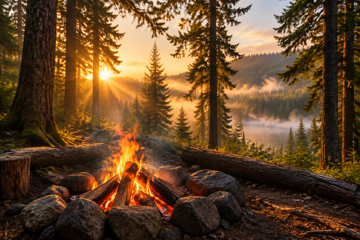 Moose & Mug Coffee Co. campfire in a pine forest overlooking a misty mountain lake at sunrise