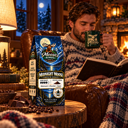 A man relaxes in a cozy living room setting, reading a book and holding a green mug with the Moose & Mug logo. In the foreground, a large bag of Midnight Moose French Roast coffee stands on a wooden table, surrounded by coffee beans and a warm fireplace background.