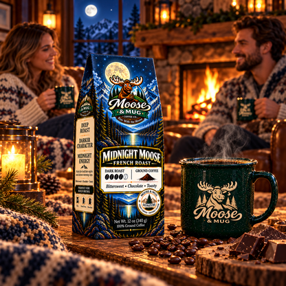 A bag of Moose & Mug Midnight Moose French Roast coffee stands on a rustic table in a cozy fireplace setting, with two people seated in the background holding matching mugs. The scene includes a dark green branded mug, coffee beans, candles, and warm ambient lighting.