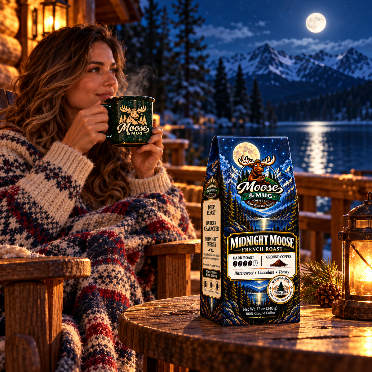 A cozy outdoor scene at dusk shows a woman wrapped in a knit blanket and holding a mug with the Moose & Mug logo, beside a bag of Midnight Moose French Roast coffee on a wooden table. Snow-covered mountains and a lake are visible in the background under a full moon.