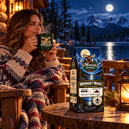 A cozy outdoor scene at dusk shows a woman wrapped in a knit blanket and holding a mug with the Moose & Mug logo, beside a bag of Midnight Moose French Roast coffee on a wooden table. Snow-covered mountains and a lake are visible in the background under a full moon.