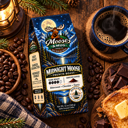 A bag of Moose & Mug Coffee Co. Midnight Moose French Roast coffee is displayed on a rustic wooden table surrounded by coffee beans, a cup of black coffee, chocolate, and toast.