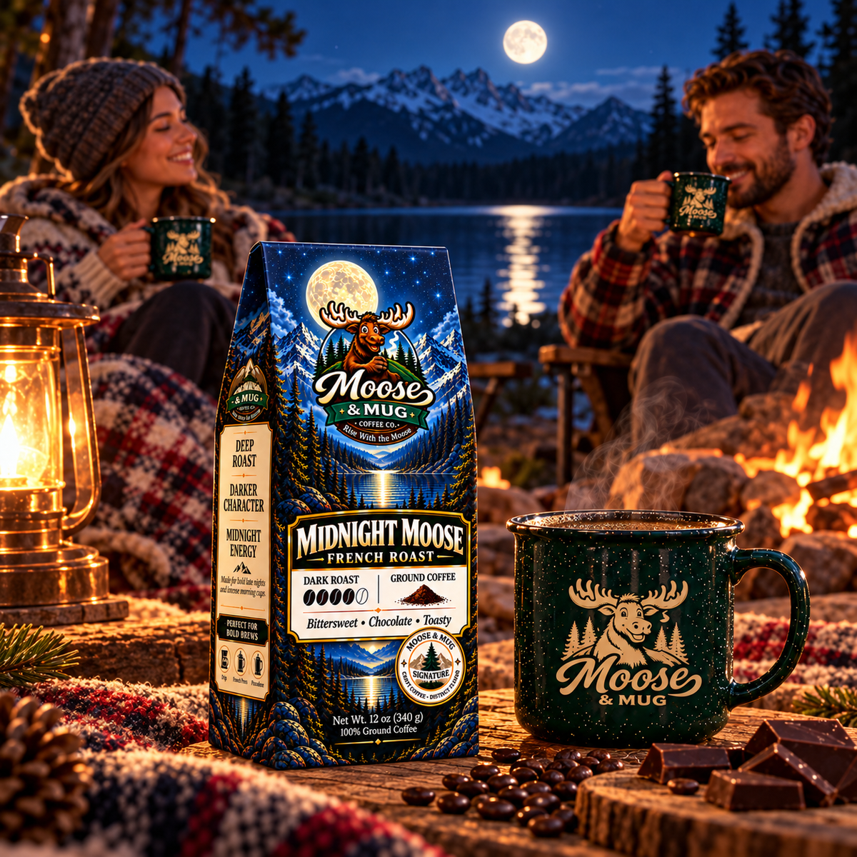 A bag of Moose & Mug Midnight Moose  Roast coffee stands on a campfire table in a cozy outdoor night scene, with two people seated nearby holding matching mugs, mountains and a full moon in the background.