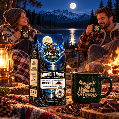 A bag of Moose & Mug Midnight Moose  Roast coffee stands on a campfire table in a cozy outdoor night scene, with two people seated nearby holding matching mugs, mountains and a full moon in the background.