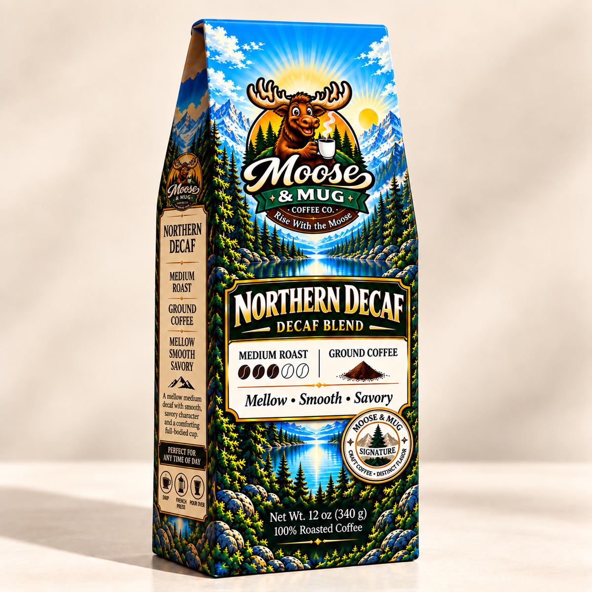 Northern Decaf medium roast ground coffee by Moose & Mug Coffee Co. shown in a clean studio product image.