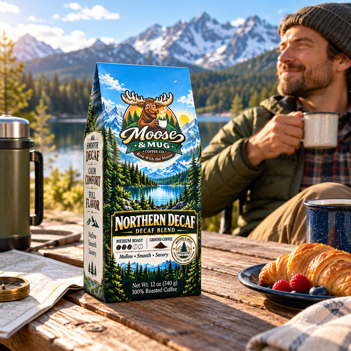 Moose & Mug Coffee Co. Northern Decaf medium roast ground coffee with a man enjoying a mug beside a bright mountain lake in the morning.