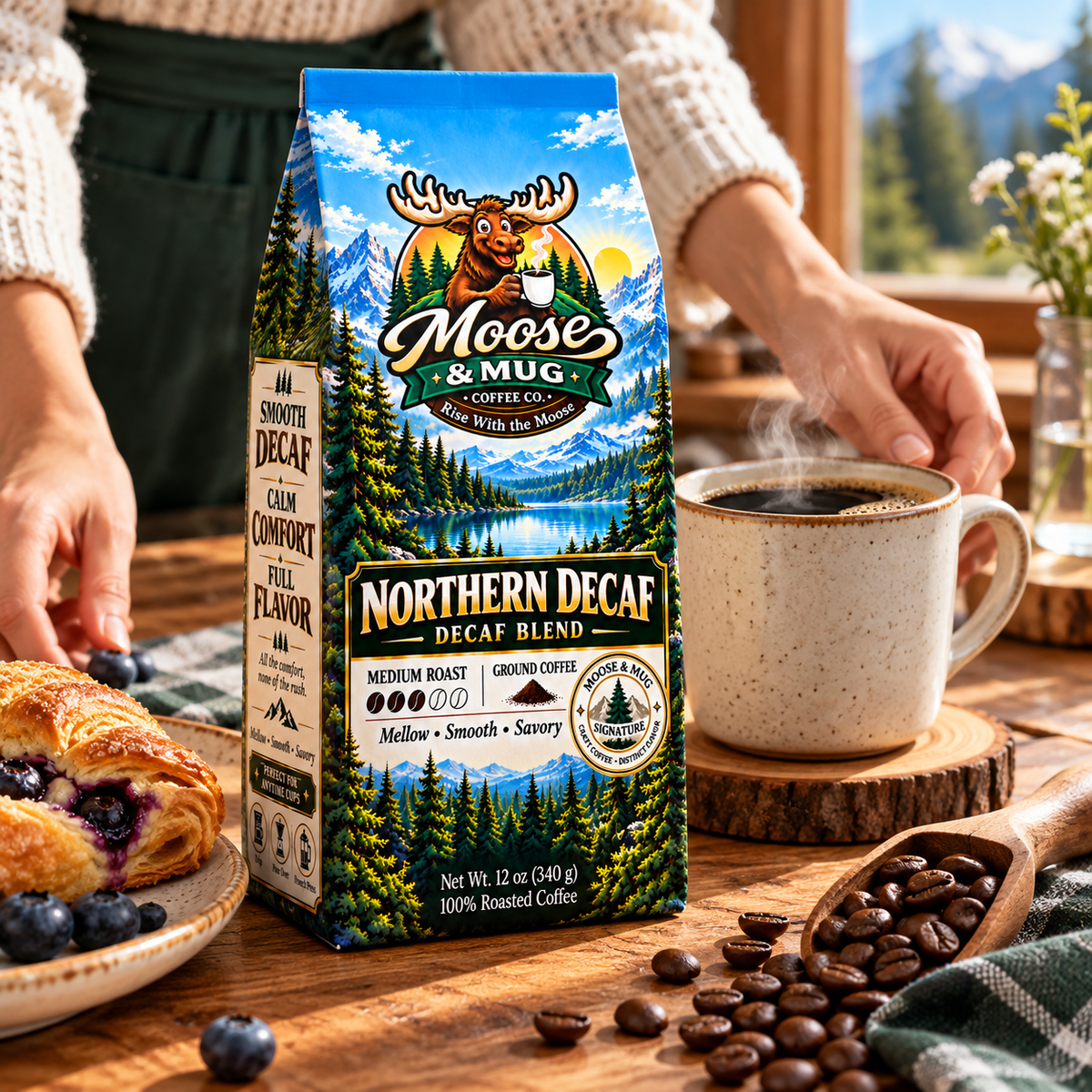 Moose & Mug Coffee Co. Northern Decaf ground coffee in a cozy mountain cabin with a woman reading and enjoying a warm cup of coffee.