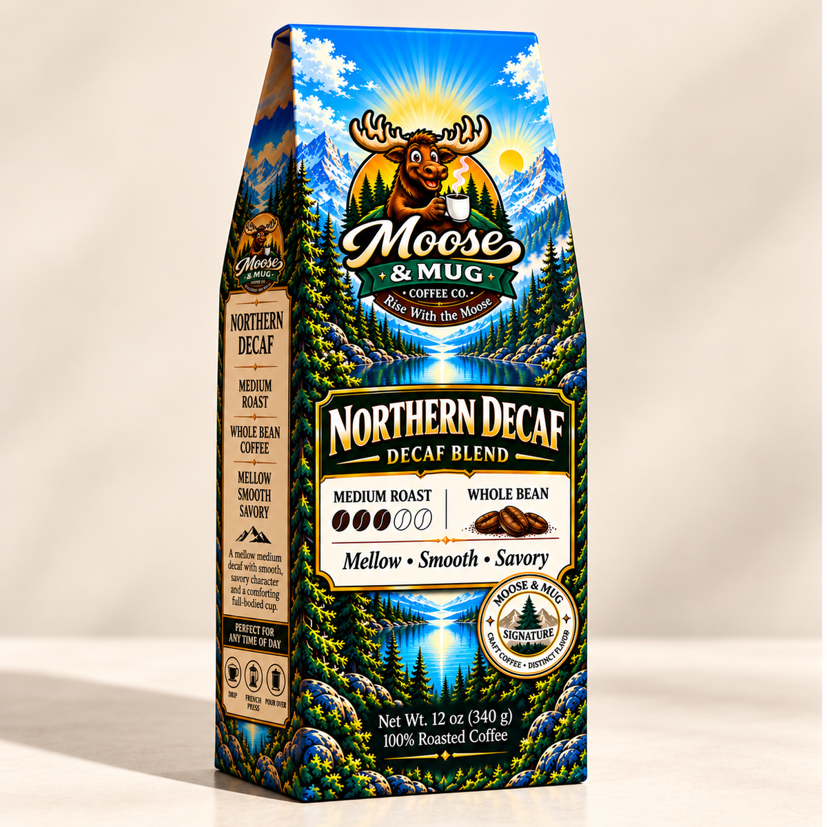 Moose & Mug Coffee Co. Northern Decaf medium roast whole bean coffee by Moose & Mug Coffee Co. shown in a clean studio product image.