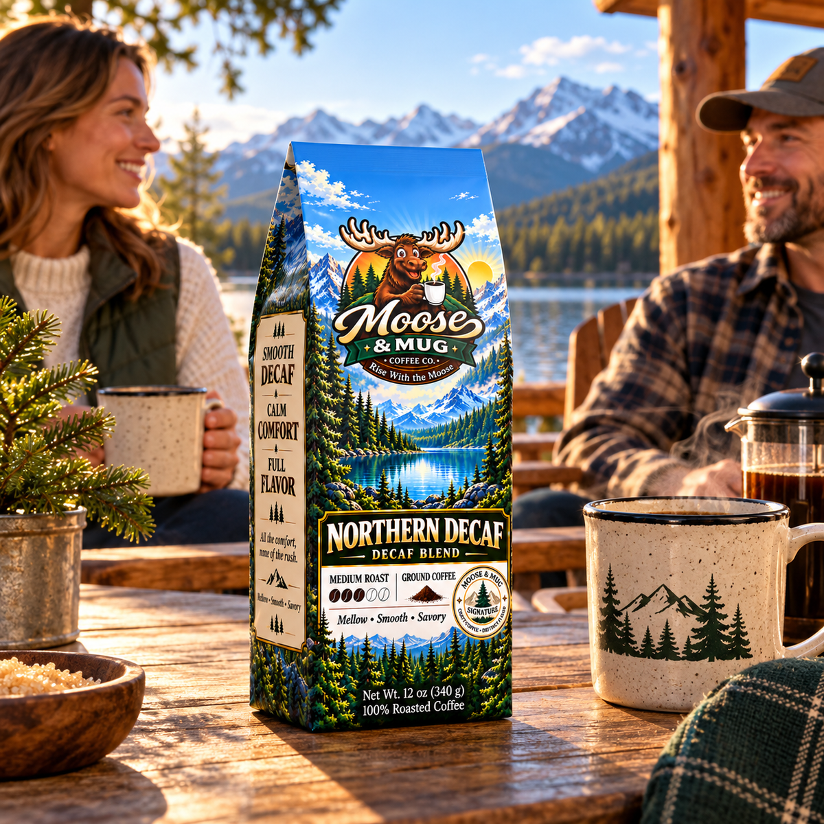Northern Decaf ground coffee with a couple relaxing by a mountain lake and enjoying coffee together.