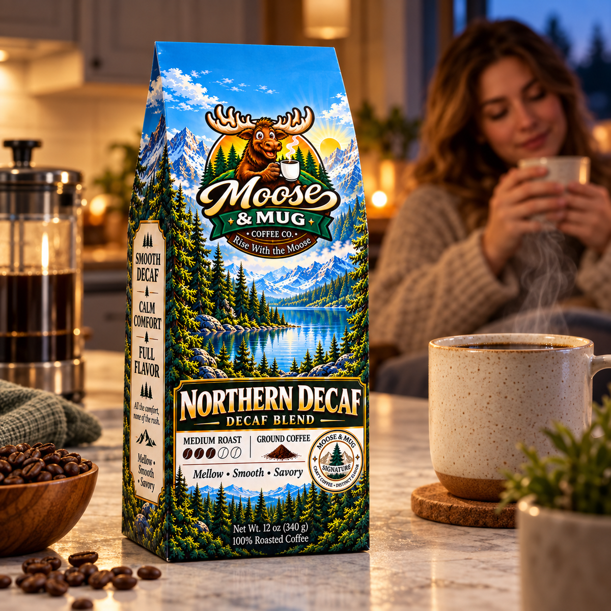 Moose & Mug Coffee Co. Northern Decaf medium roast ground coffee with a woman enjoying a warm evening cup beside a French press in a cozy kitchen.