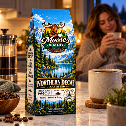 Moose & Mug Coffee Co. Northern Decaf medium roast ground coffee with a woman enjoying a warm evening cup beside a French press in a cozy kitchen.