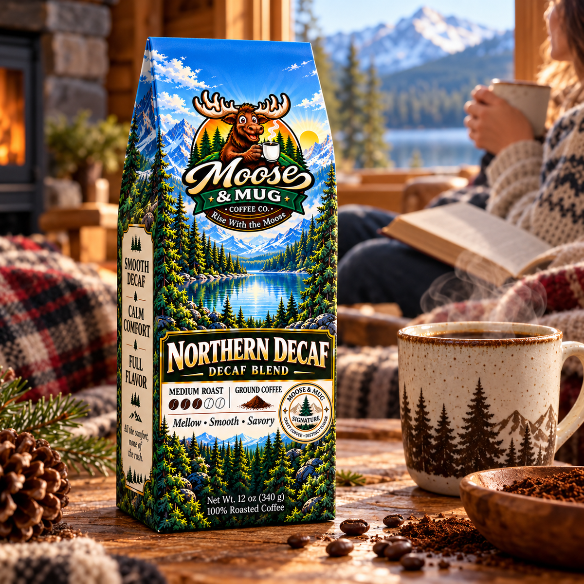 Northern Decaf ground coffee with a couple enjoying mugs beside a fireside overlooking a mountain lake at sunset.