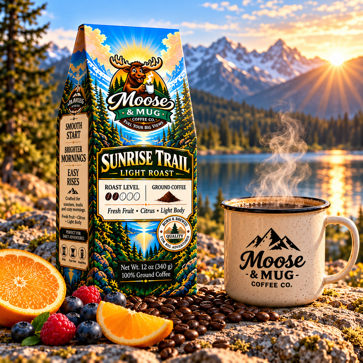 Moose & Mug Coffee Co. Sunrise Trail light roast ground coffee displayed at an alpine overlook with mountain sunrise scenery.