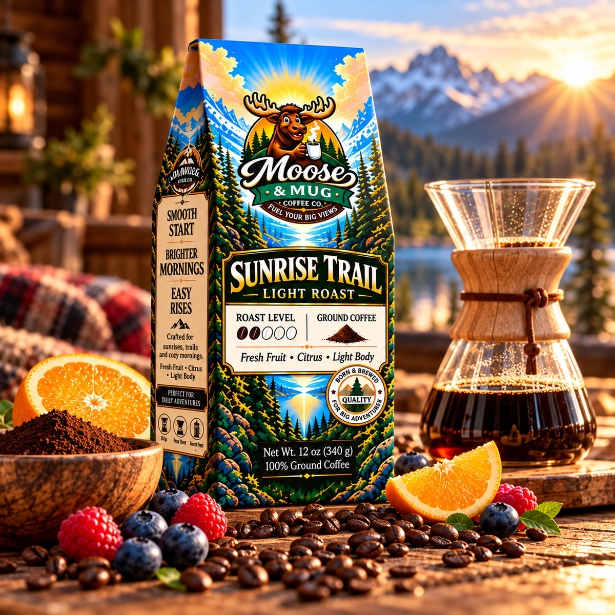 Sunrise Trail ground coffee beside a steaming Moose & Mug with citrus and berries by a mountain lake at sunrise.