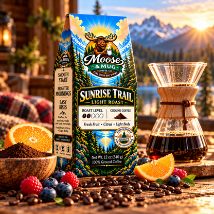Sunrise Trail ground coffee beside a steaming Moose & Mug with citrus and berries by a mountain lake at sunrise.