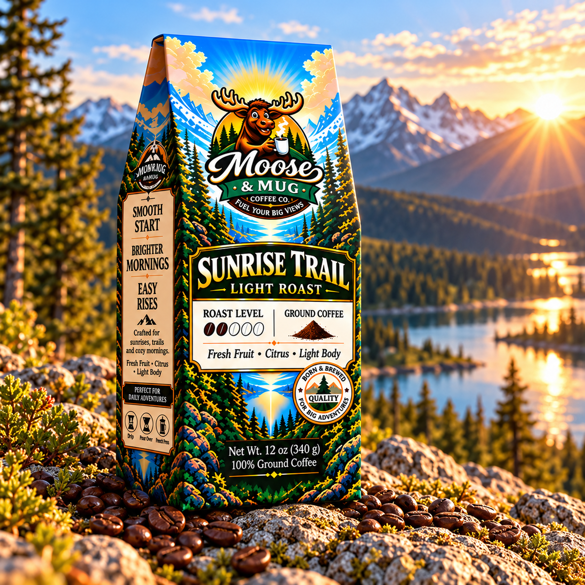 Moose & Mug Coffee Co. Sunrise Trail light roast ground coffee with a pour-over coffee setup, citrus and berries in a warm mountain cabin setting.