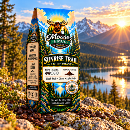 Moose & Mug Coffee Co. Sunrise Trail light roast ground coffee with a pour-over coffee setup, citrus and berries in a warm mountain cabin setting.