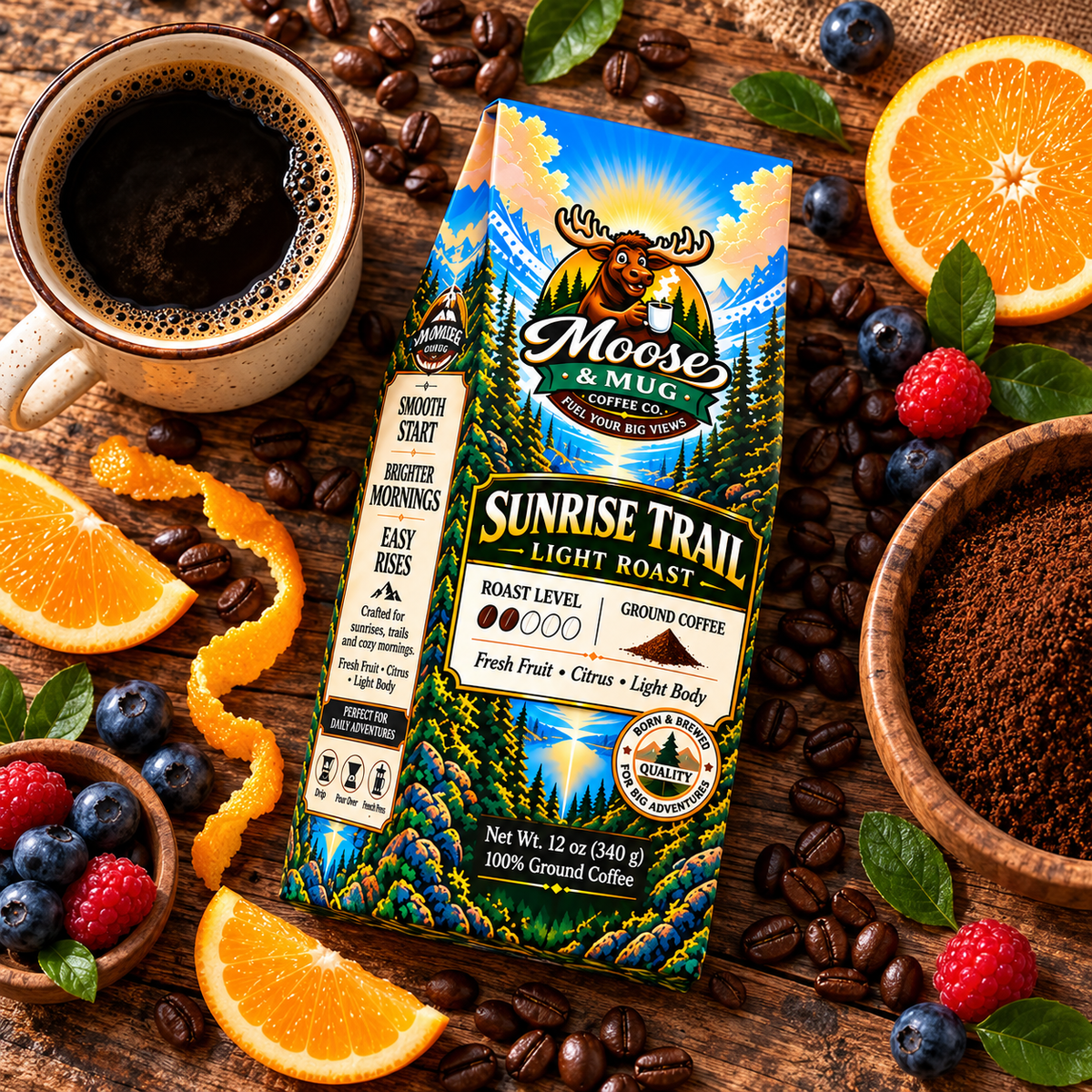 Overhead view of Sunrise Trail ground coffee with brewed coffee, citrus, berries, coffee beans and ground coffee on a rustic table.