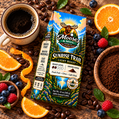 Overhead view of Sunrise Trail ground coffee with brewed coffee, citrus, berries, coffee beans and ground coffee on a rustic table.