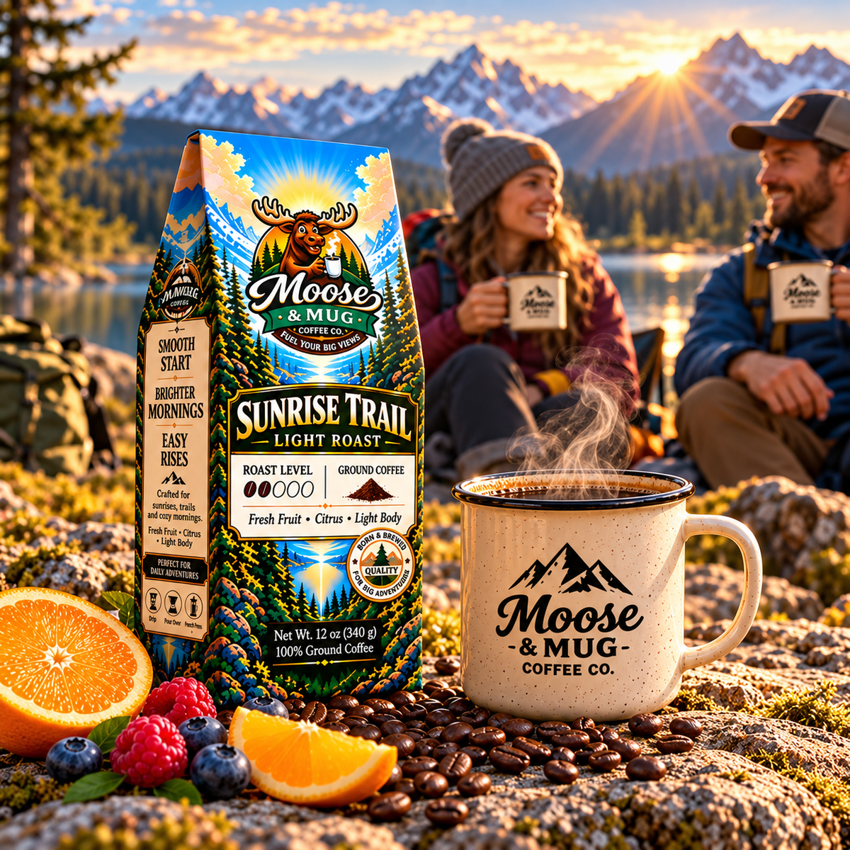 Moose & Mug Coffee Co. Sunrise Trail ground coffee with a couple enjoying mugs of coffee beside a mountain lake at sunrise.