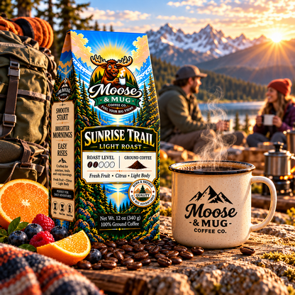 Sunrise Trail light roast ground coffee with a steaming mug at an alpine camp as hikers relax near a mountain lake.